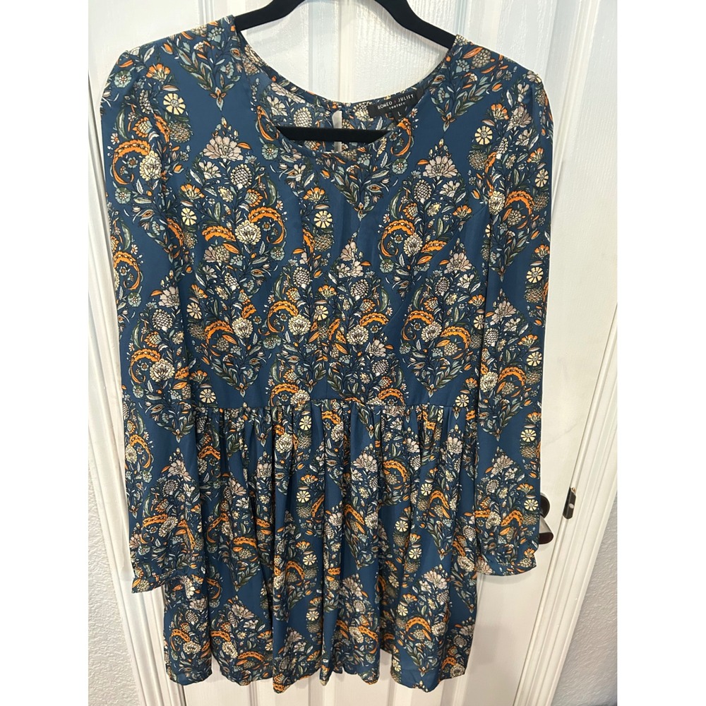 Romeo + Juliet Couture Mini Dress Teal Blue Floral Paisley Babydoll Boho L